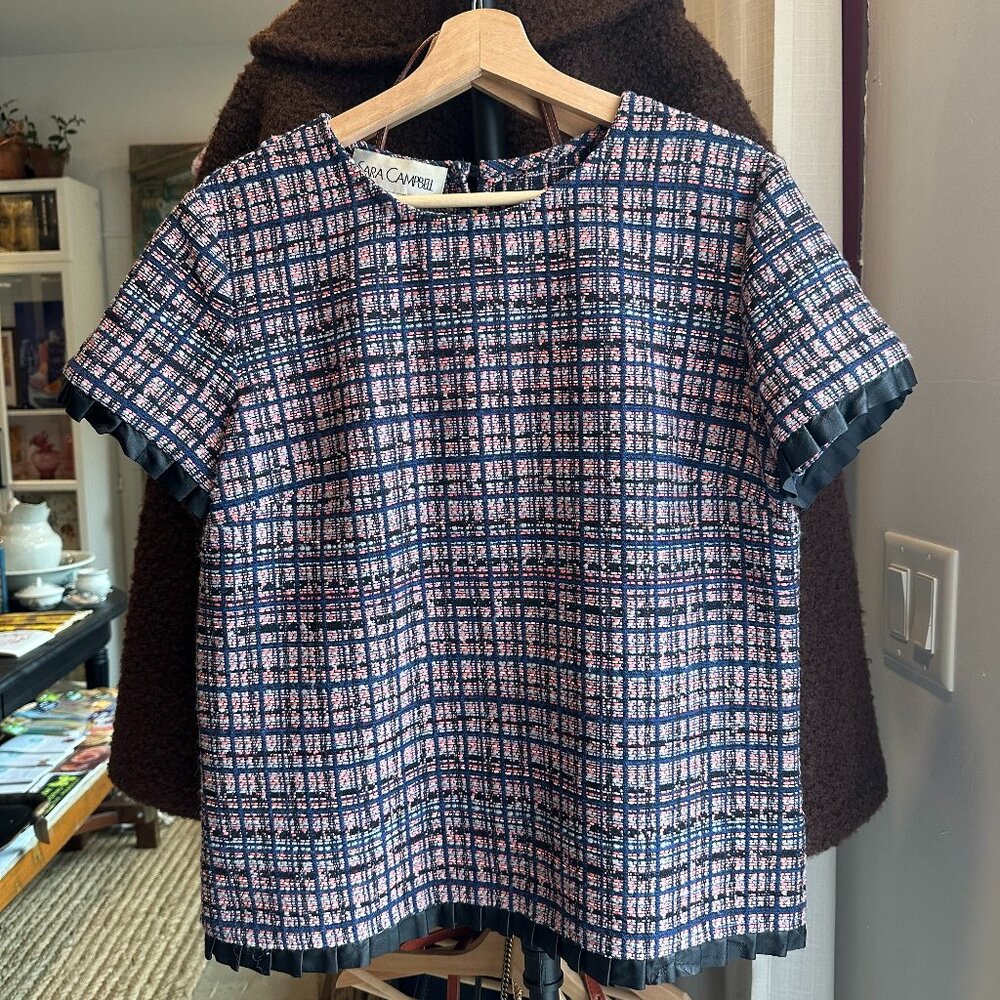 Sara Campbell Tweed Tee with Pleated Leather Trim